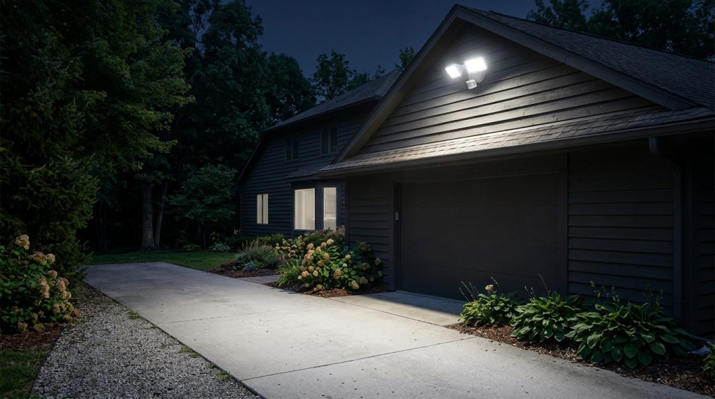 a bright motion-activated fixture illuminating a side yard and driveway