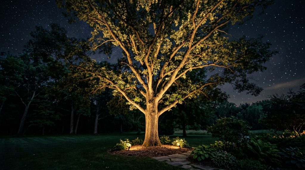 a mature tree uplit from the base, branches glowing against the night sky
