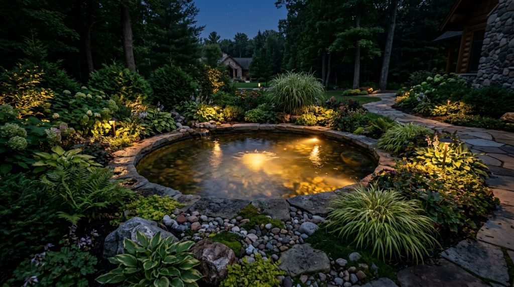 a small pond or fountain lit from within, surrounded by planted beds