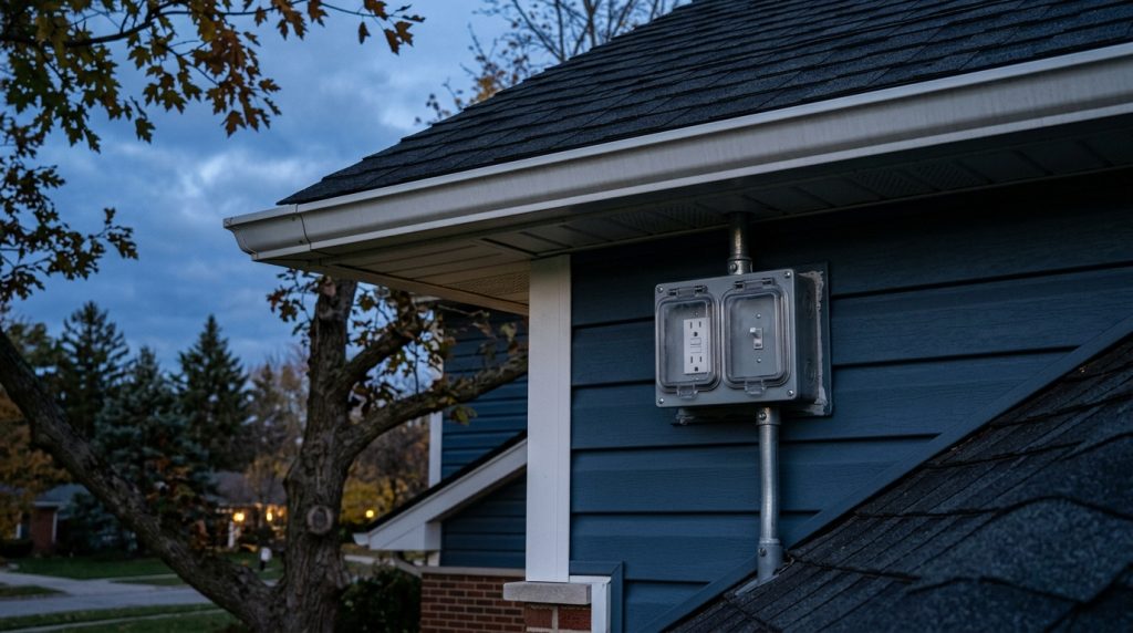 a weatherproof exterior outlet with a switch, near the roofline