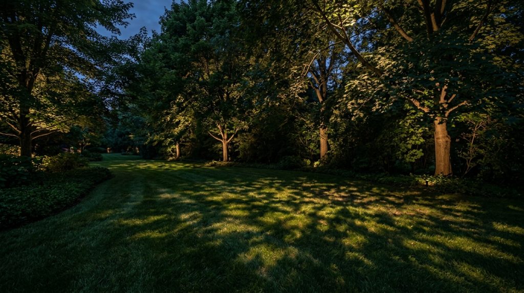 dappled light falling through tree branches onto a lawn