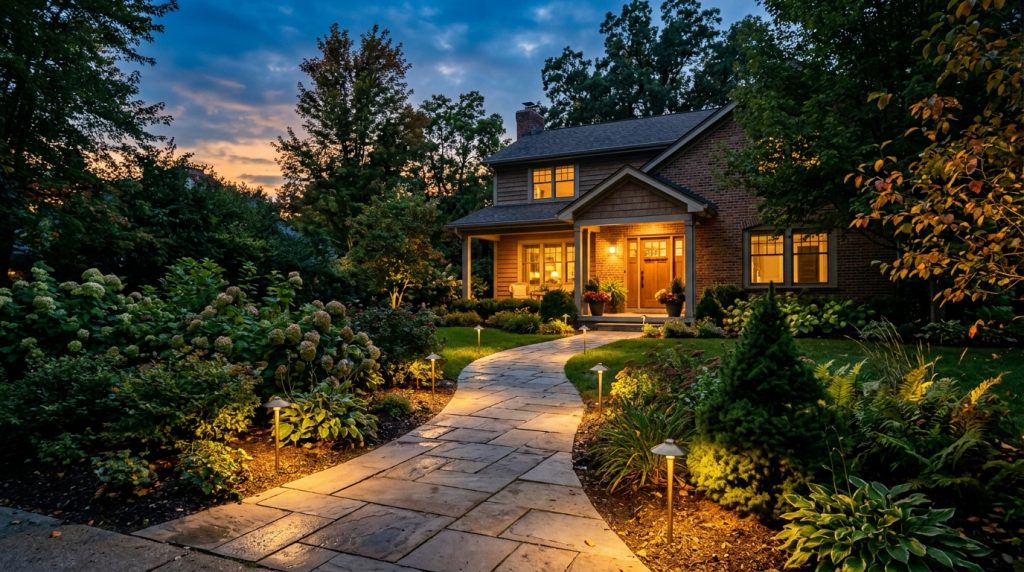 low path lights lining a front walkway at dusk