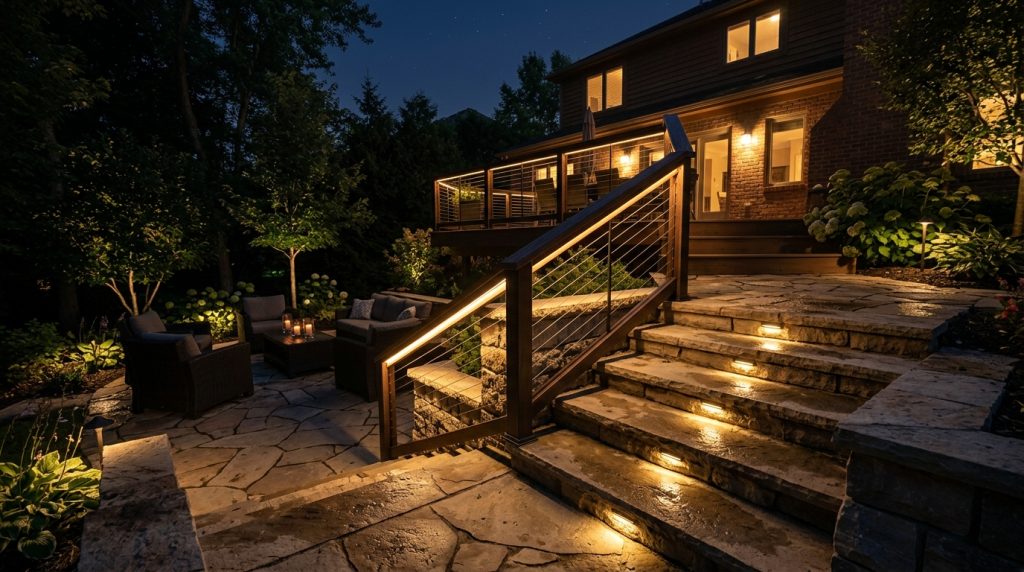 recessed step lights and railing lights on an evening patio