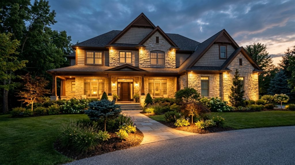 warm light washing evenly across a home's front exterior